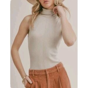 SAGE The Label Beige Turtleneck Sleeveless‎ Bodysuit NWT Versatile Sz L Boho